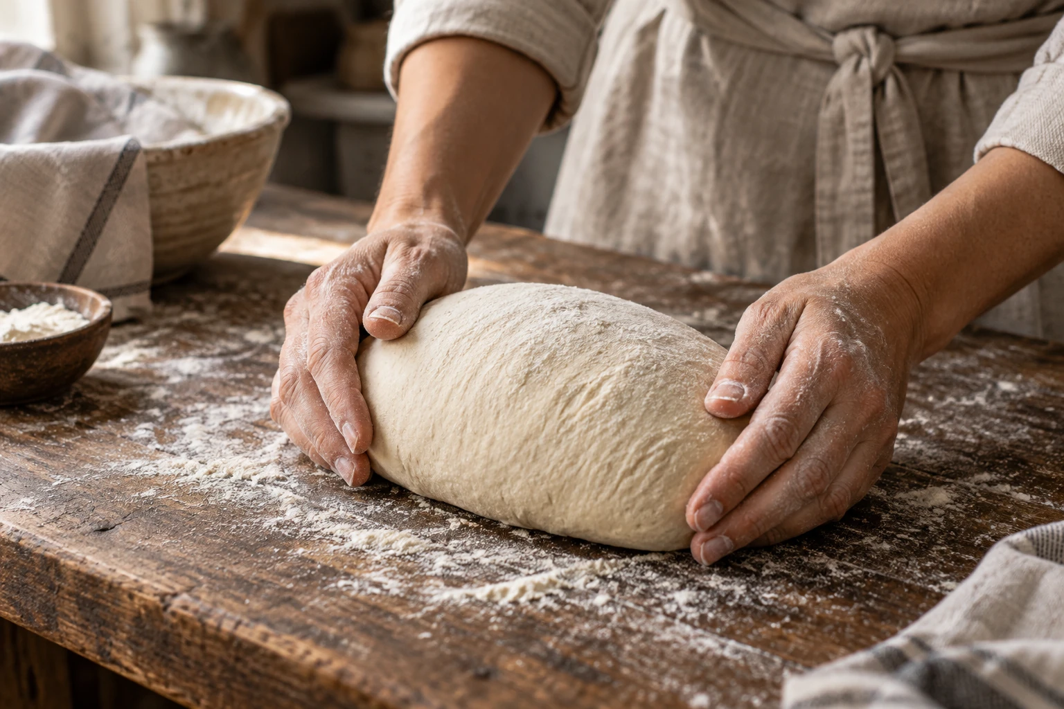 Mains au travail autour d’une pâte à pain sur un plan de travail fariné
